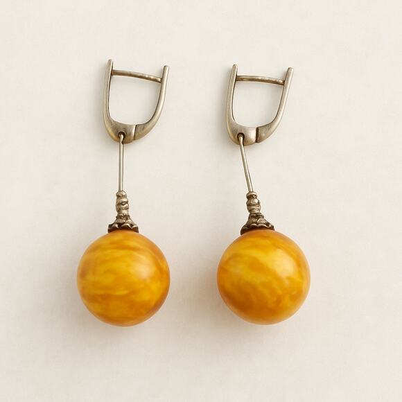 Vintage Baltic Amber Drop Earrings Honey amber Orb dangle sterling silver - Picture 1 of 9